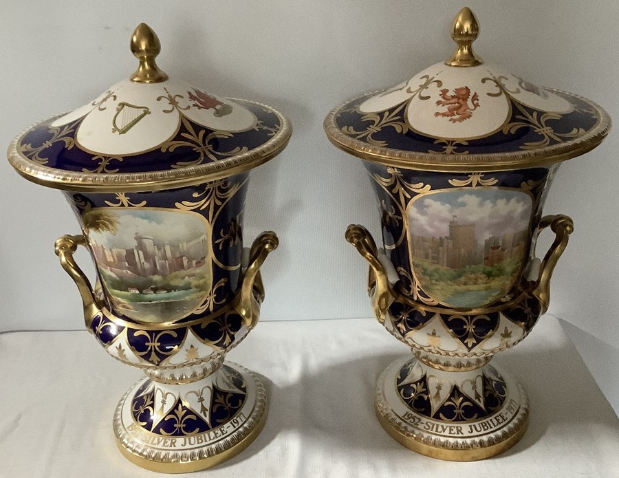 Pair of large Caverswall lidded urns, Elizabeth II silver Jubilee, One Windsor castle painted by D. - Image 2 of 14