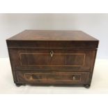 A 19thC mahogany box with lift up lid and drawer to base on bun feet. 20 h x 31 w x 22.5cms d.