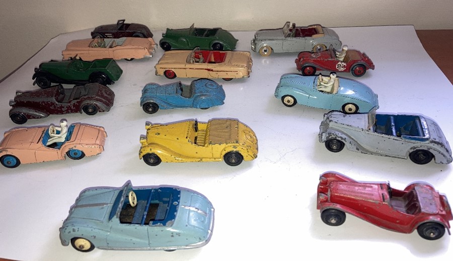 A large collection of playworn Dinky convertible cars to include Jaguar, Armstrong Siddelet, Sunbeam - Image 8 of 17