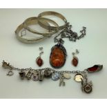 Jewellery to include amber pendant and earrings marked .925, 2 silver hallmarked bangles, 1 unmarked