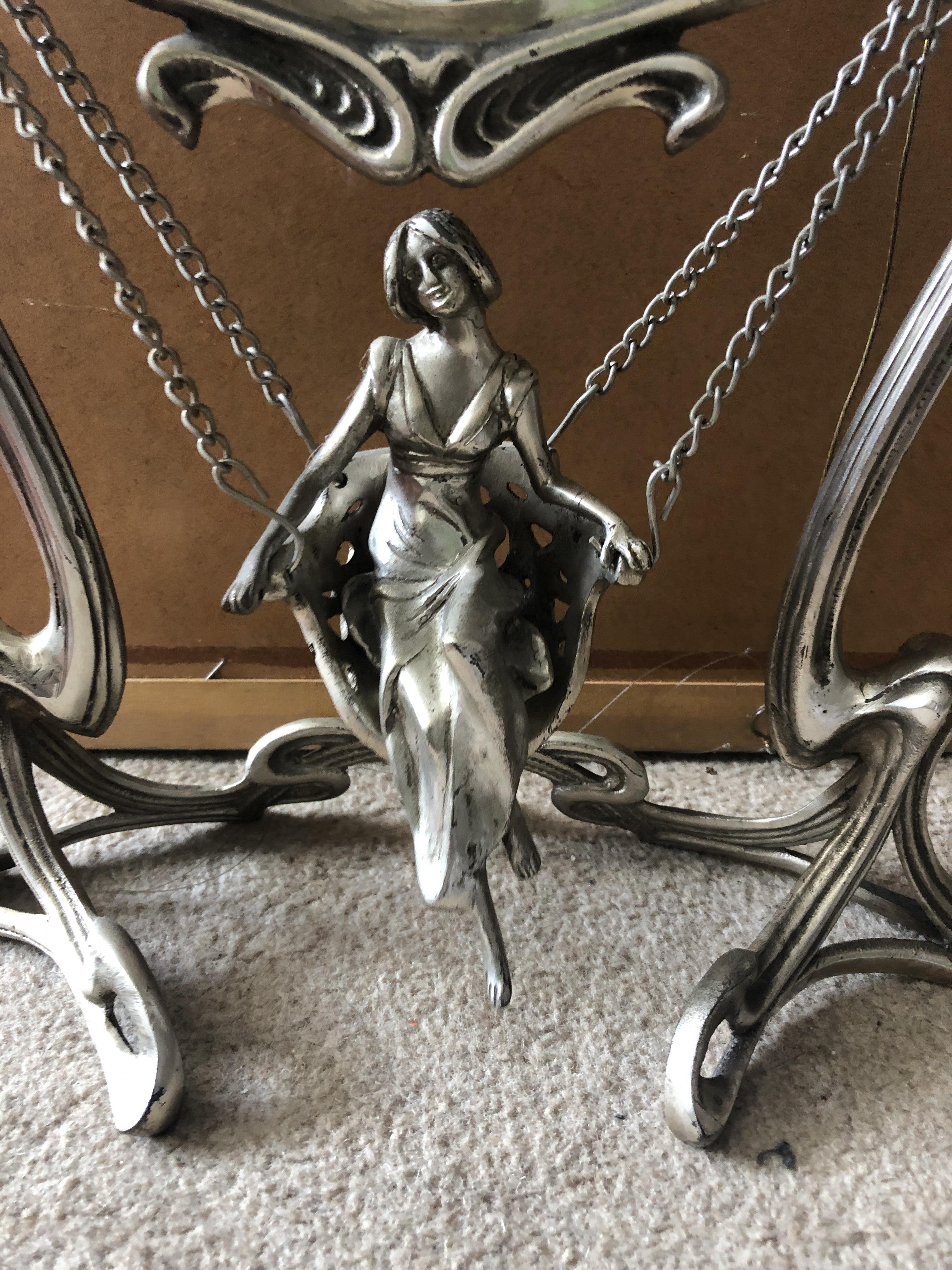 A French Art Art Nouveau style mirror with lady in swing to base. 46cms h. - Image 2 of 3