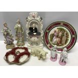 Ceramics including Vienna plate, pair 19thC pink & white continental bisque pig figures, Alka