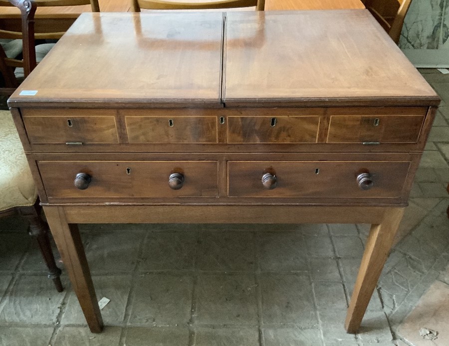 An unusual 19thC mahogany desk/plan chest. 84 w x 80 h x 56cms d.