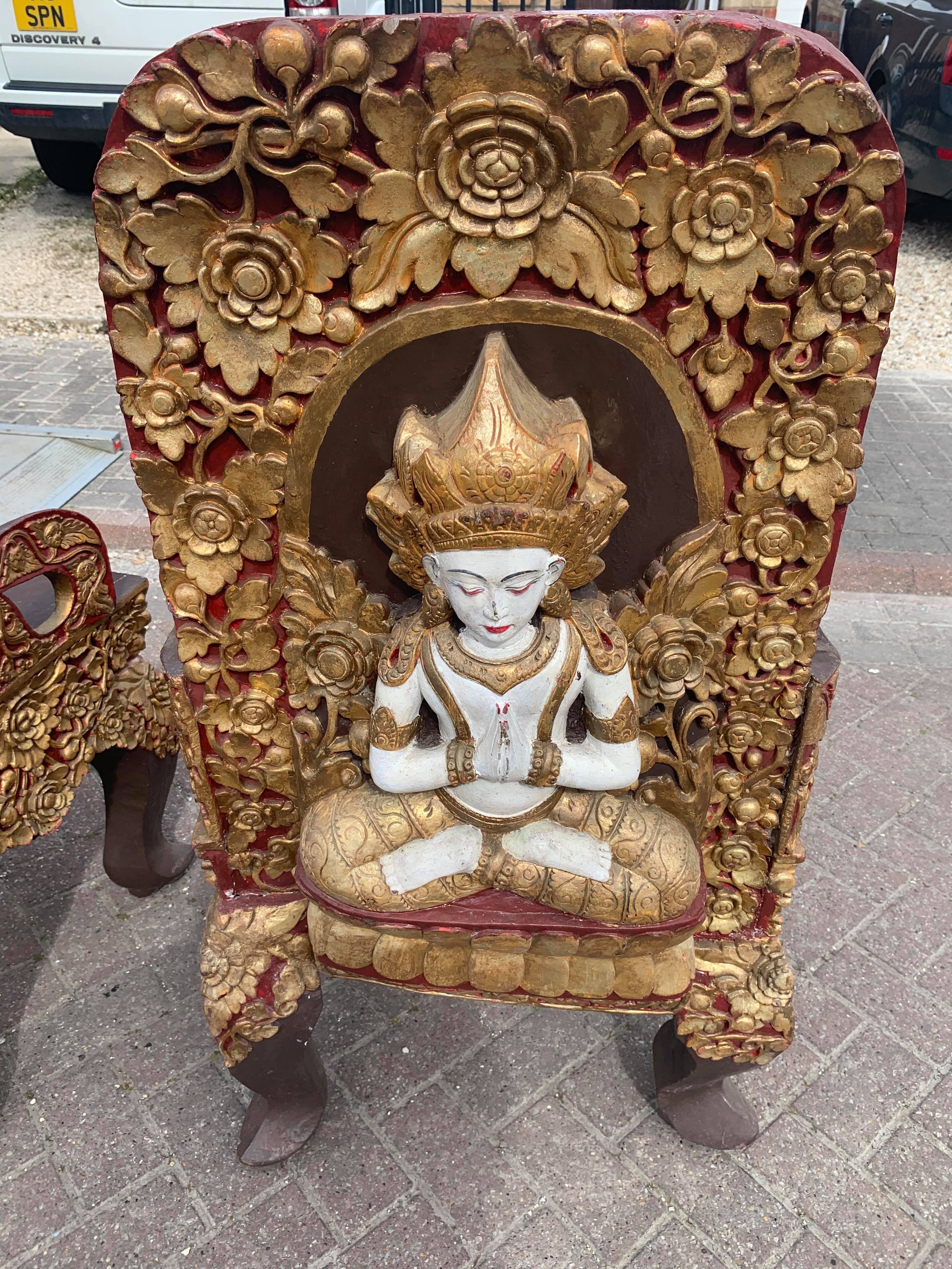 A pair of early 20thC Tibetan ceremonial chairs with gilt decoration to top. - Image 6 of 13