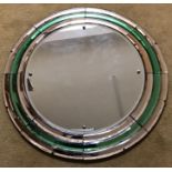 Art Deco circular peach and green wall mirror, 69cms d. Condition ReportBits loose and one piece