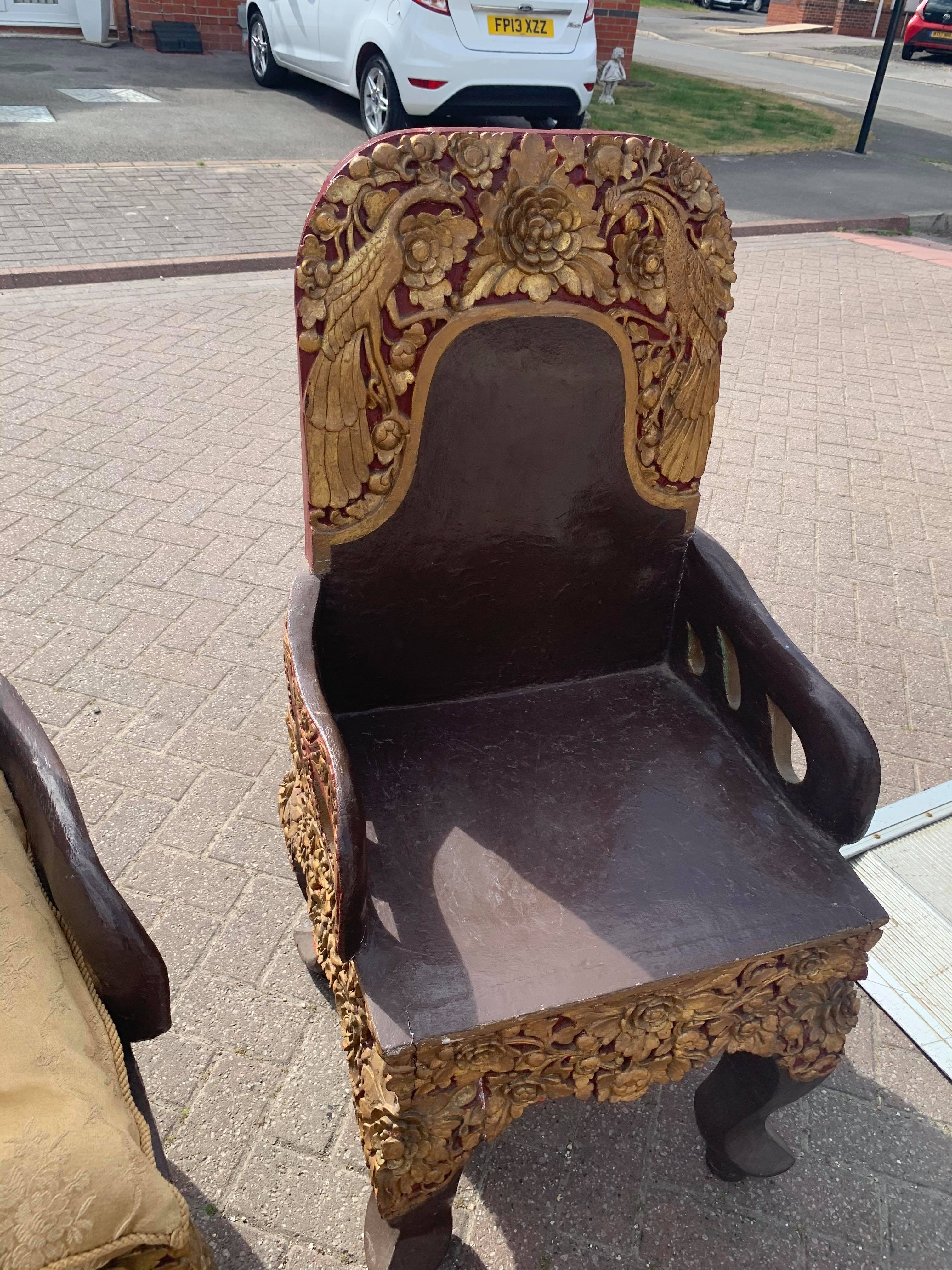 A pair of early 20thC Tibetan ceremonial chairs with gilt decoration to top. - Image 8 of 13