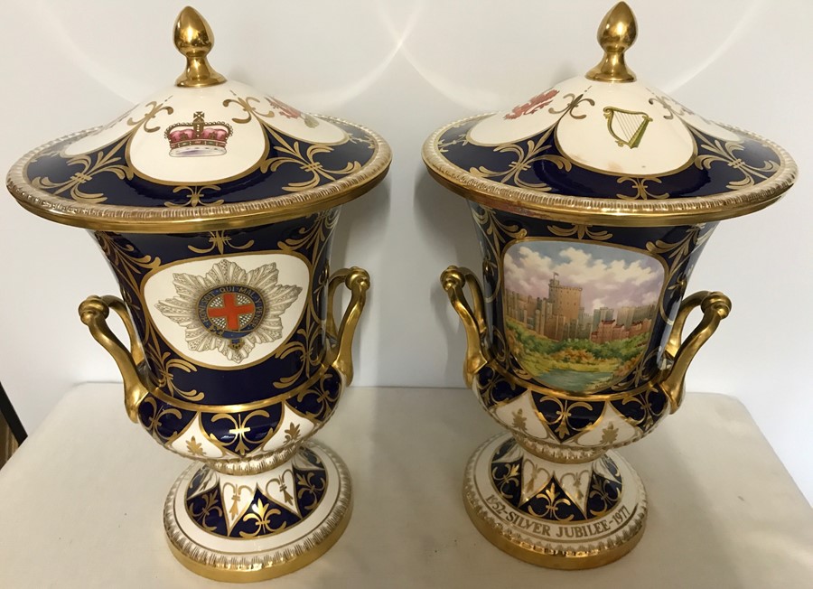 Pair of large Caverswall lidded urns, Elizabeth II silver Jubilee, One Windsor castle painted by D.