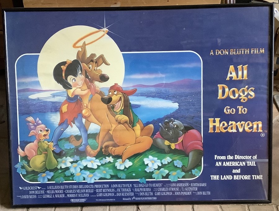 Framed film poster, Animation, ALL DOGS GO TO HEAVEN. A Don Bluth film. 75 h x 100cms w. Condition