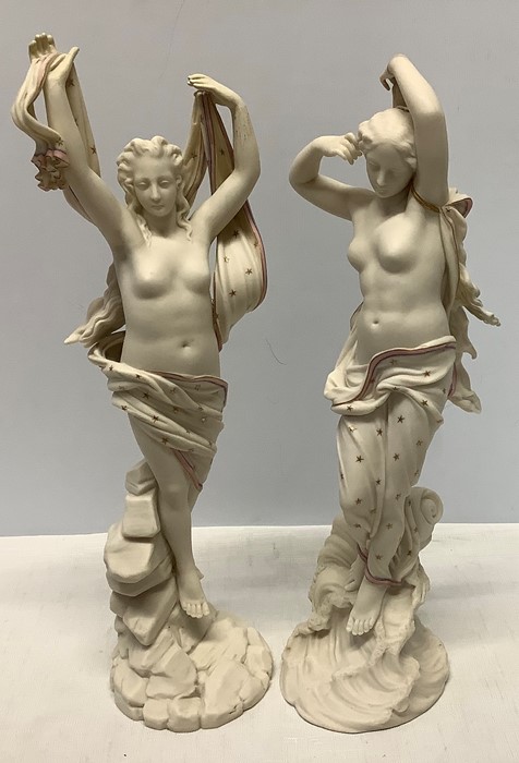 A pair of Royal Worcester Parian semi naked female figures. 39cms h. Condition ReportRestoration