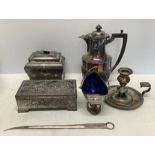 A miscellany of silver plated items to include Chinese box, hinge a/f, chamber stick, tea caddy etc.