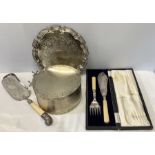 Plated ware including boxed fish servers, cake tin, knife rests, salver and good quality silver
