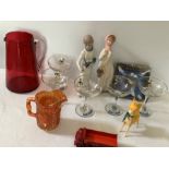 A boxed lot to include a 19thC cranberry glass jug 19cms h, 5 Babycham glass, a plastic Babycham