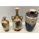 Two rose painted Royal Worcester vases, a hairline to the neck of the taller one, 21cms h,