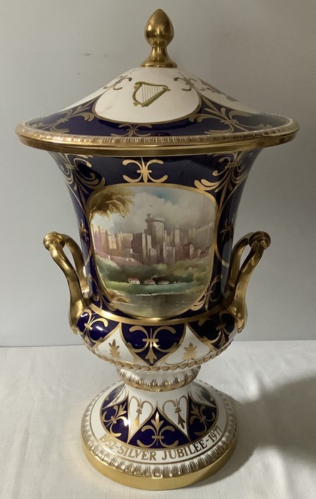 Pair of large Caverswall lidded urns, Elizabeth II silver Jubilee, One Windsor castle painted by D. - Image 5 of 14