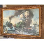 Large gilt framed print Alan Fearnley, steam trains at station. 49 h x 75cms w.