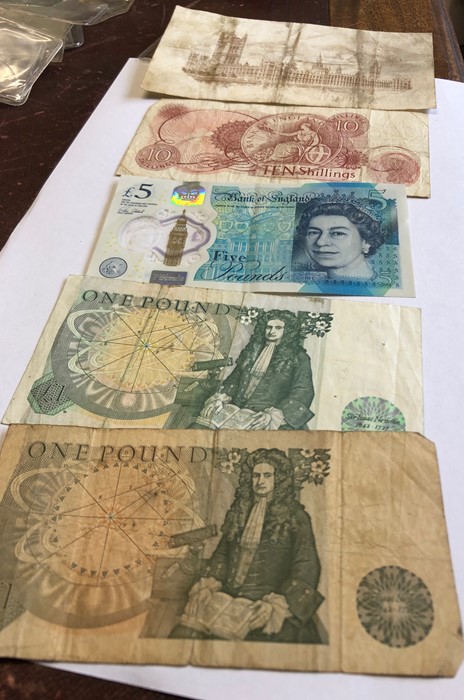 Five British banknotes including John Bradbury £1, JB Page £1, JS Fforde ten shilling, £5 AK01