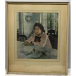 Framed colour print after B.A. Cepoba (1865-1911) girl with fruit, 38 h x 34cms w.