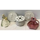 Two Royal Copenhagen bisque circular plaques, 15cms continental lidded candle holder and a Wardle