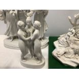 Ceramics to include The Three Graces, Mary and Child, lidded powder pot, garden scene.Condition