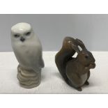 Two Royal Copenhagen figures, an owl and a squirrel in good condition.