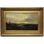 Gilt framed oil painting on canvas, signed PERCY, country moorland scene, 26 h x 46cms w.