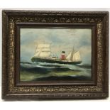 Oil on board early 20thC steam/sailing ship at sea, 23 x 31cms.