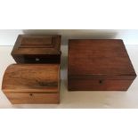 Three 19thC boxes including 2 tea caddies, one in rosewood with a domed lid and mahogany box lacking