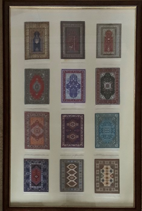 Various miniature Turkish woven rugs set in frames, 7 frames contains rugs of varying sizes. Largest - Image 3 of 7