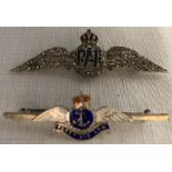 A clear, blue stone and enamel, white metal Royal Air Force sweetheart brooch, 6cms l unmarked