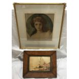 Framed print of Lady Hamilton as Cloe, signed H.O Gree? with maple framed watercolour coastal scene.