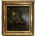 Oil painting on canvas J.W. 1869, interior pub scene with man playing a mandolin 54 h x 48cms w in
