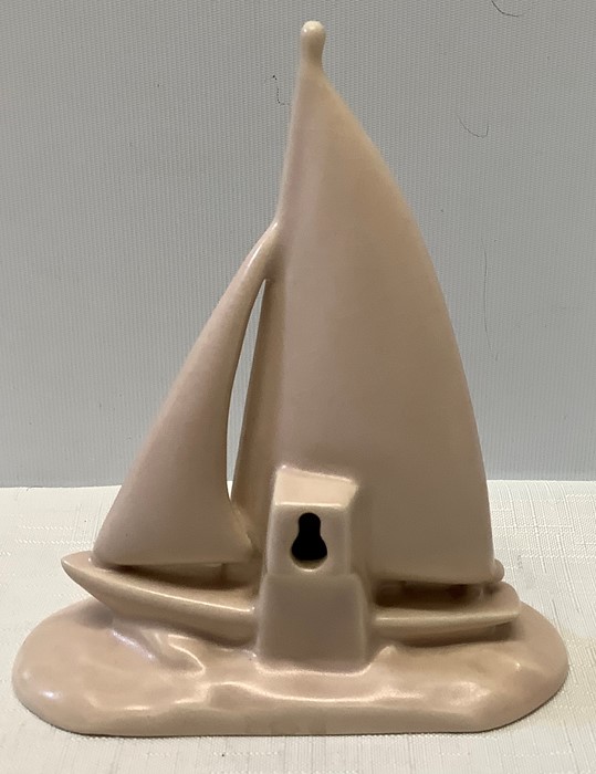 A Poole pottery pastel pink sailing yacht, 15.5cms h after a design by John Adams, made to wall - Image 5 of 6