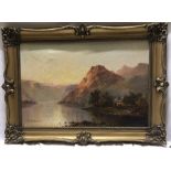 Gilt framed oil painting on canvas, A.de. Breanski highland lake scene. Argyllshire, 40 h x 61cms w.