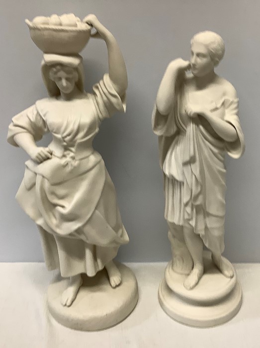 Two Parian female figures in good condition, one marked Diana and initials J W to rear. 37cms h.