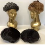 Four vintage ladies hats including mink a/f to top, faux fur, velvet and an RB hat.