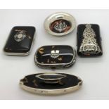 Five pieces tortoiseshell including silver piqué pin tray, three purses and nail buffer, 1 purse