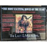 Framed film poster, THE LAST OF THE MOHICANS, Daniel Day-Lewis, Warner Bros 1992. 75 h x 100cms w.