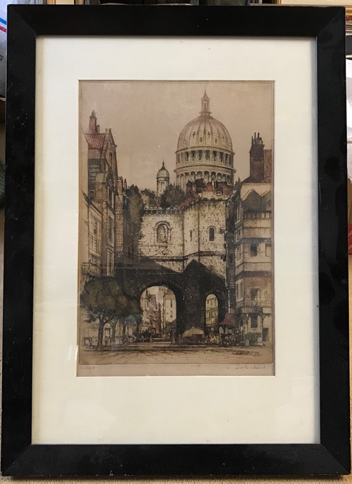 Framed and signed coloured engraving print, Boulogne. 42 x 28cms.