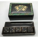 Tortoiseshell box containing five gaming dice together with a 19thC wooden card box. 11 x 8cms.