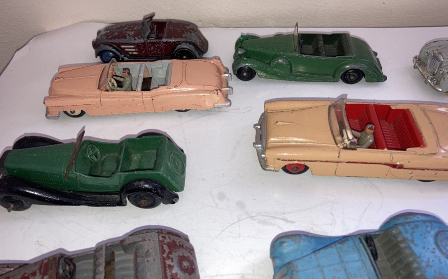 A large collection of playworn Dinky convertible cars to include Jaguar, Armstrong Siddelet, Sunbeam - Image 9 of 17