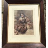 A framed and glazed watercolour painting of a young girl with flower basket. 35 x 26cms.