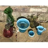 Six pieces miscellaneous glass including cranberry oil lamp, turquoise pressed glass.