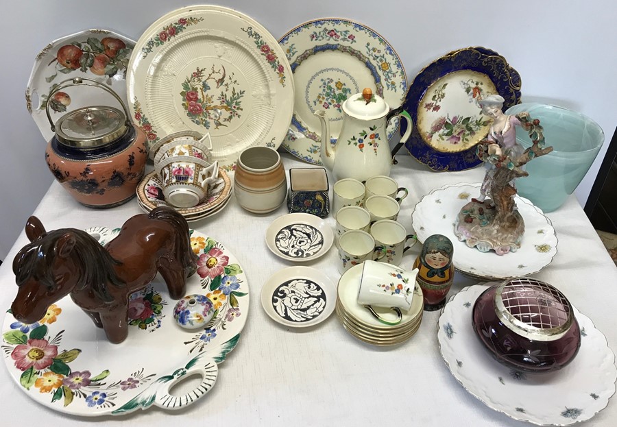 Box of assorted pottery, coffee set, decorative plates, teacups, biscuit barrel, Poole vase, Hornsea