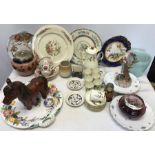 Box of assorted pottery, coffee set, decorative plates, teacups, biscuit barrel, Poole vase, Hornsea