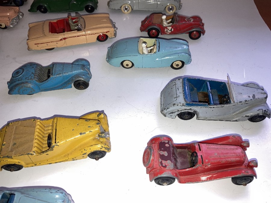 A large collection of playworn Dinky convertible cars to include Jaguar, Armstrong Siddelet, Sunbeam - Image 6 of 17