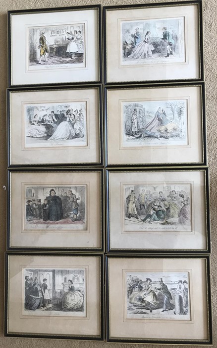 Eight framed amusing 19thC coloured prints, 12 x 17cms.