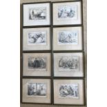 Eight framed amusing 19thC coloured prints, 12 x 17cms.