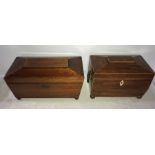 Two 19thC mahogany sarcophagus shaped tea caddies, one with brass lion head drop handles.