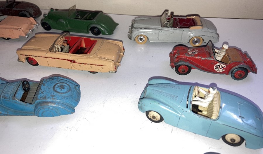 A large collection of playworn Dinky convertible cars to include Jaguar, Armstrong Siddelet, Sunbeam - Image 10 of 17