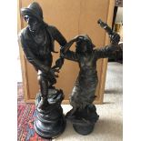 A pair of French 19thC spelter figures, Au Secours, wooden base lacking to one. Tallest 60cms.
